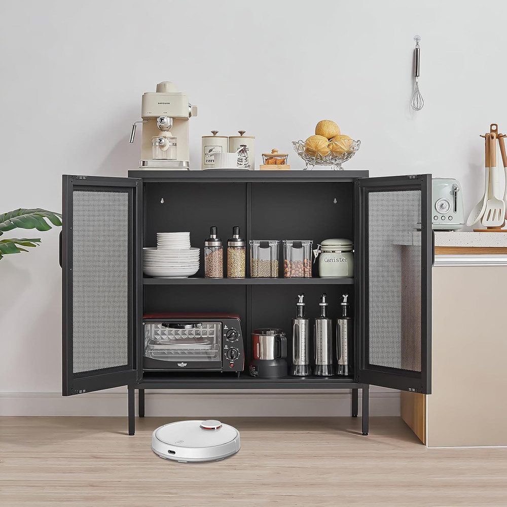 Modern Industrial Buffet Cabinet with Adjustable Shelves - Black Sideboard