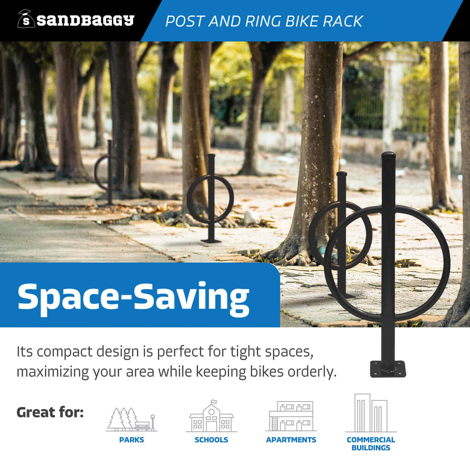Sandbaggy Commercial Post and Ring Bike Rack - Surface Mount (2 Bike Capacity)