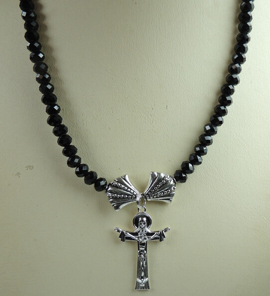 Cross Black Crystal Beaded Necklace Statement Handcrafted