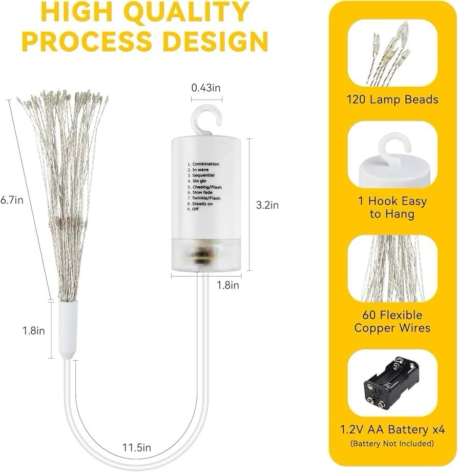 (4pcs) 120 LED Copper Wire Firework Lights with Remote – 8 Modes, Waterproof For
