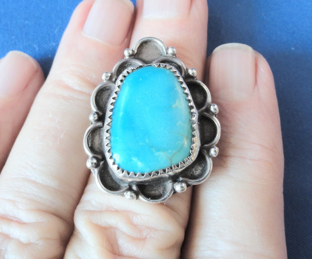 Silver Artisan Hand Crafted Turquoise Ring - Size 6 - -