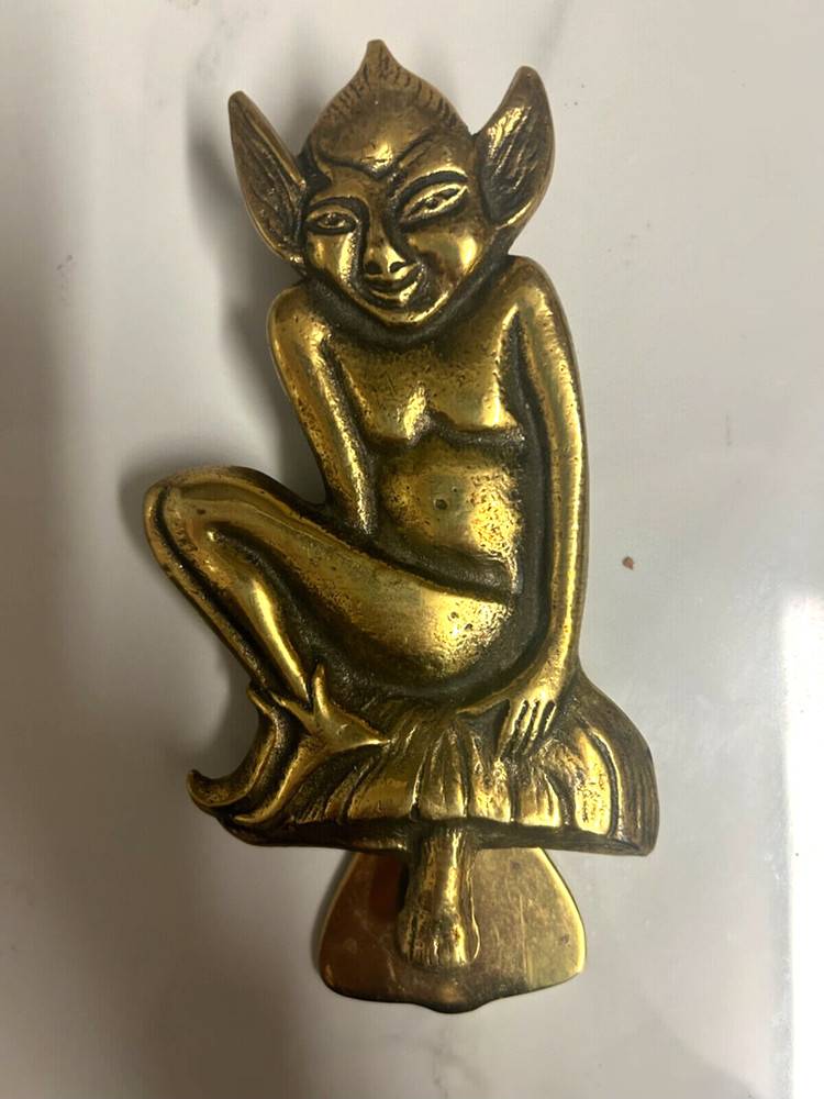 Vintage Brass Pixie Door Knocker Sitting on Toadstool, 17 cm x 8 cm