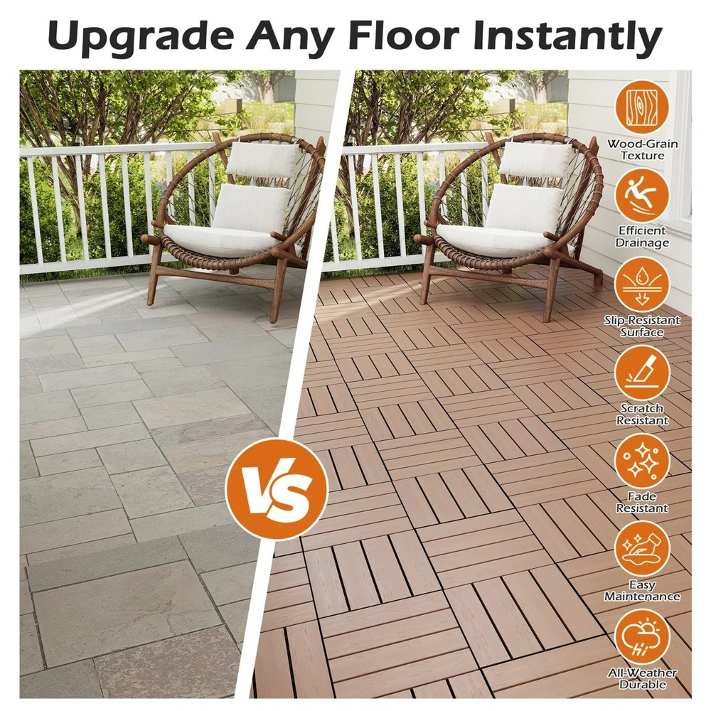 27Pcs HDPE Interlocking Deck,Waterproof Snap-Together w/Drainage Design,Brown