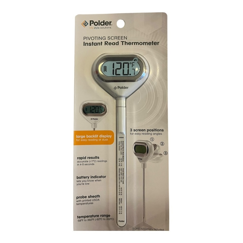 Polder Pivoting Screen Instant Read Thermometerr White Large Backlit Display New