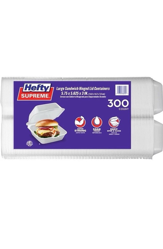 Hefty Supreme Large Sandwich Foam Hinged Lid Container, 6" (300 ct.)
