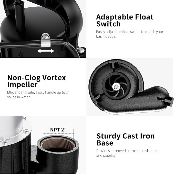 FOTING Submersible Sewage Sump Pump Cast Iron Vortex Impeller