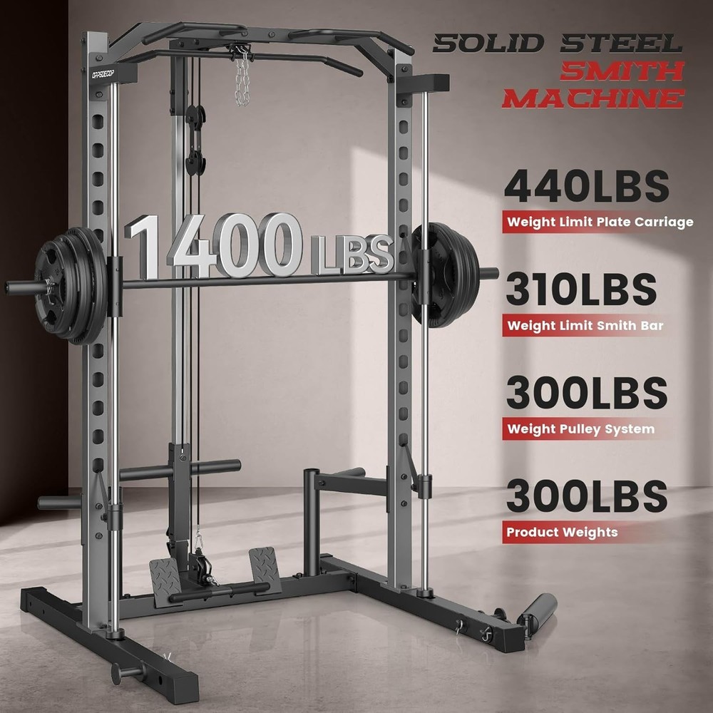 All-in-One Smith Machine Power Cage Power Rack with LAT-Pull Down System Home Gy