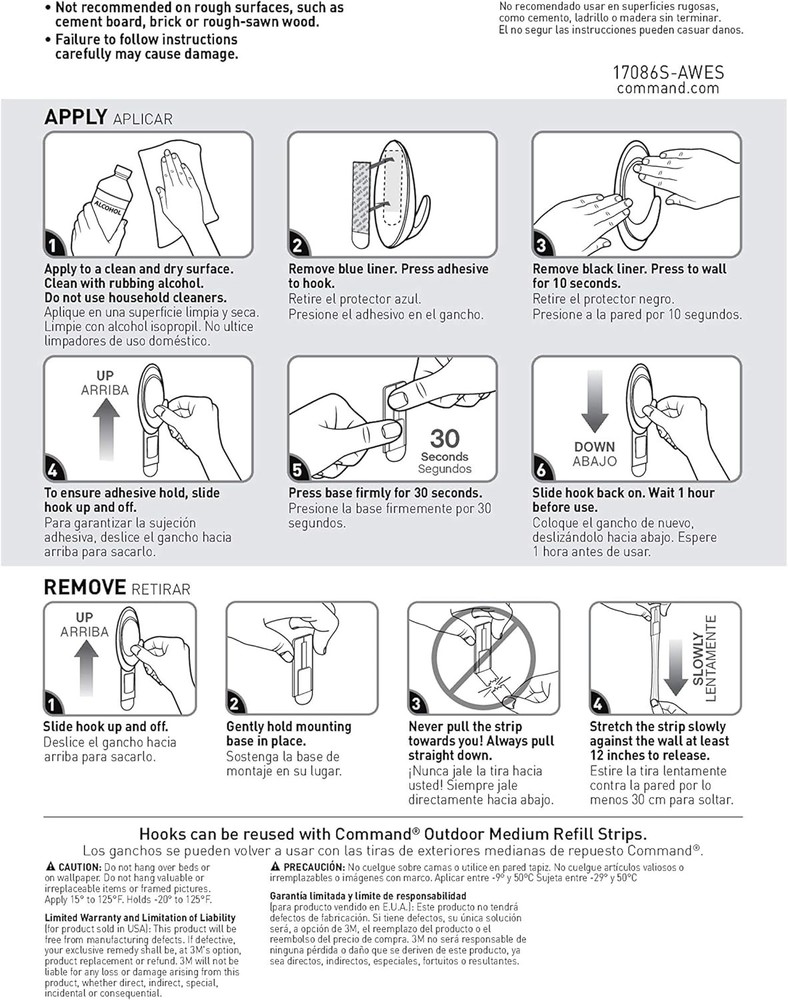 Command Outdoor Terrace Hooks, 2 Hooks and 4 Strips, Medium, Black