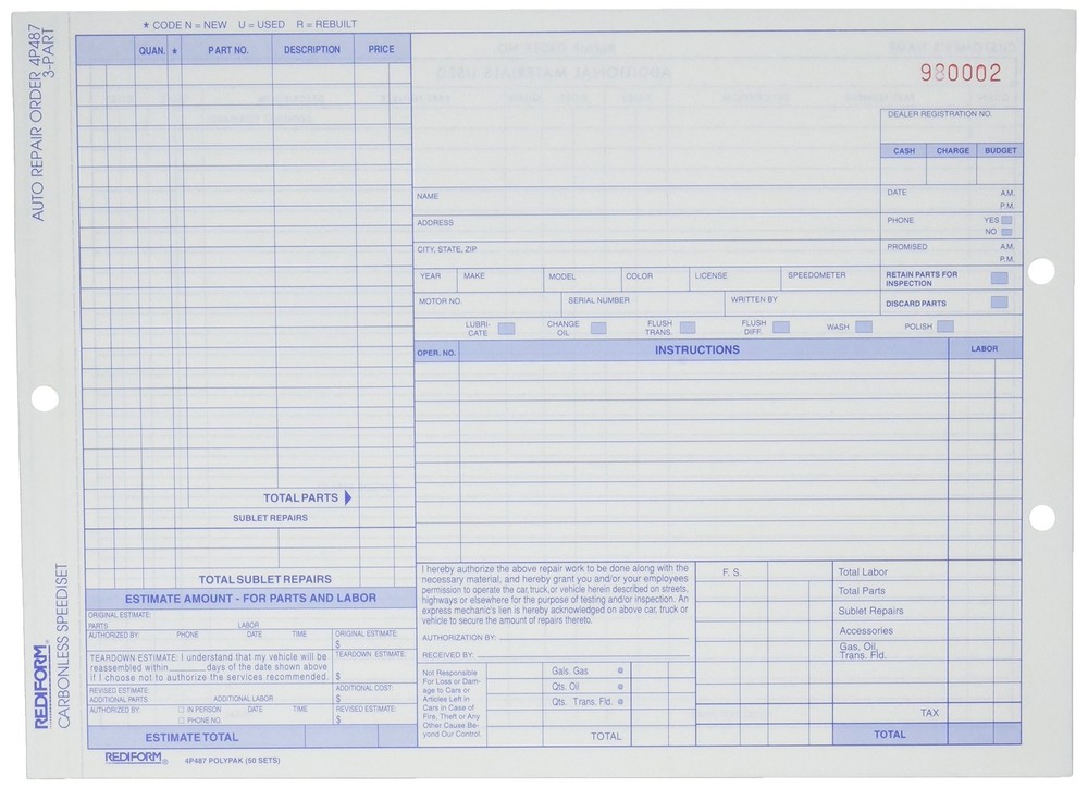 Rediform Auto Repair Polypack, Carbonless Triplicate Forms, 8.5" x 11.625", 5...