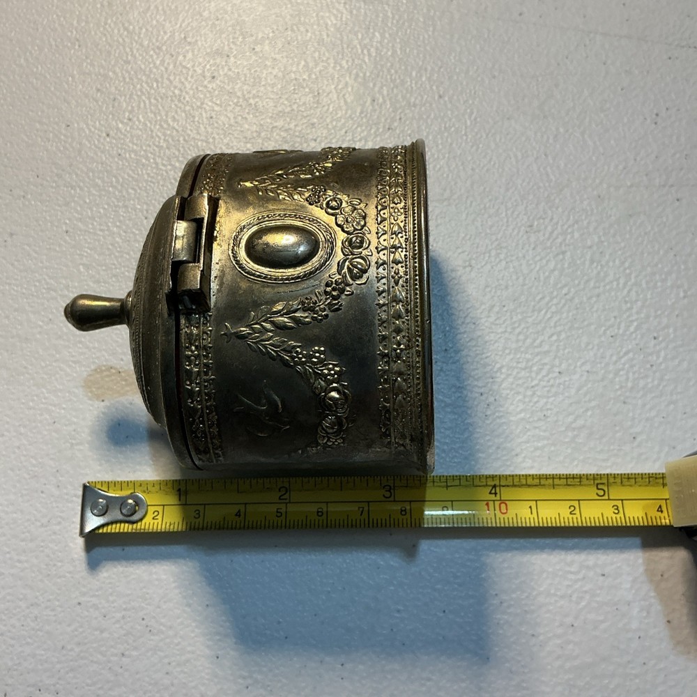 Vintage Silver Metal Ornate Jewelry Trinket Box Butterfly Swallow Floral Garland