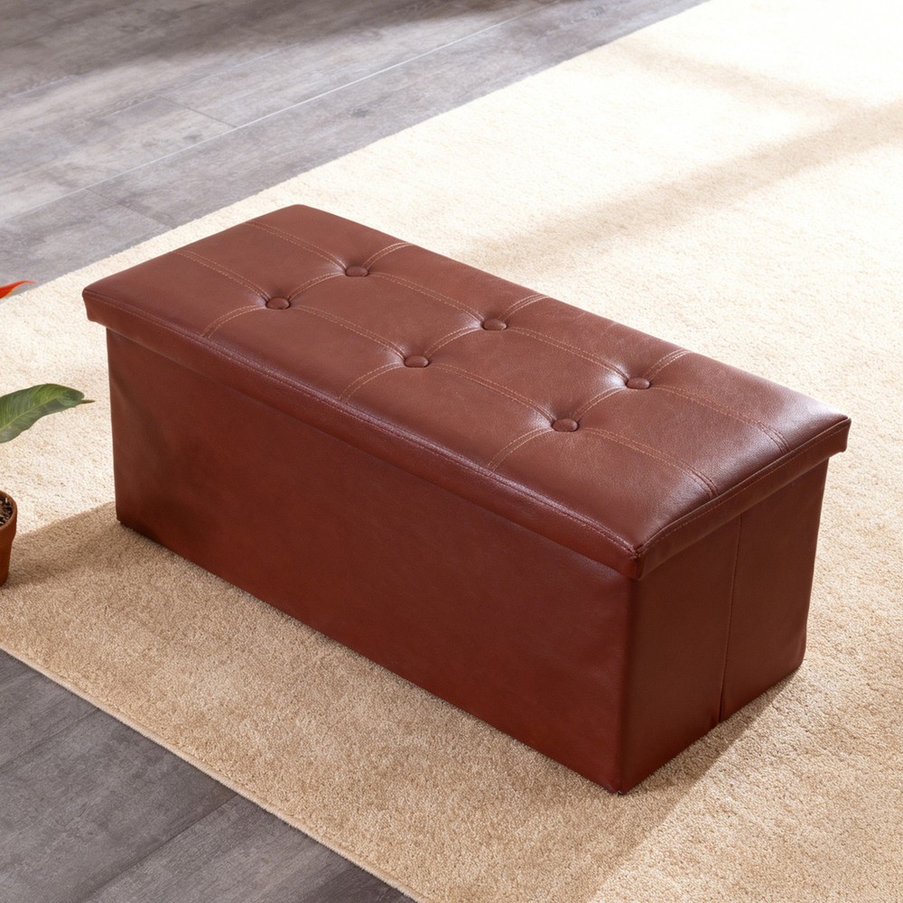 30" Sturdy Ottomans Footstools Soft Leather Brown Storage Footrest Foldable