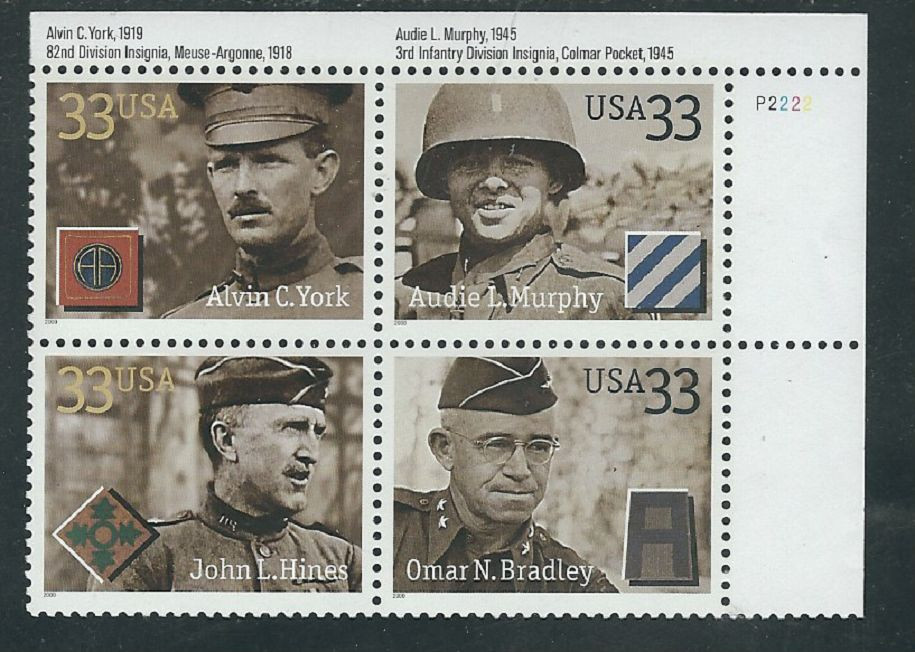 Scott # 3393/6... 33 Cent...Distinguished Soldiers...Plate Block
