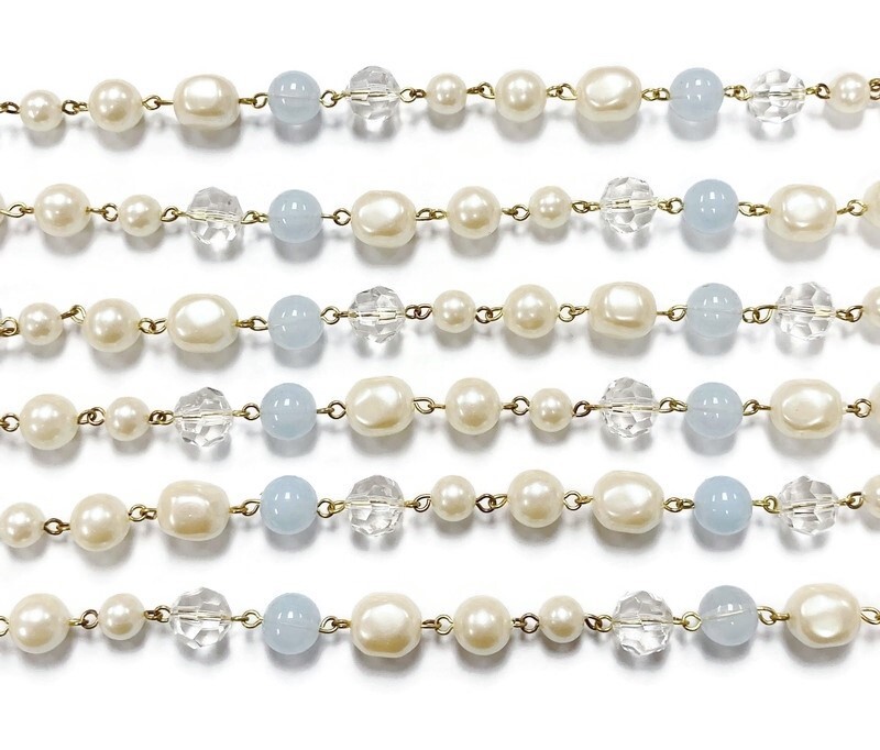 5 FEET VINTAGE JAPAN PEARL CRYSTAL ACRYLIC BABY BLUE BEADED BRASS LINK CHAIN L3