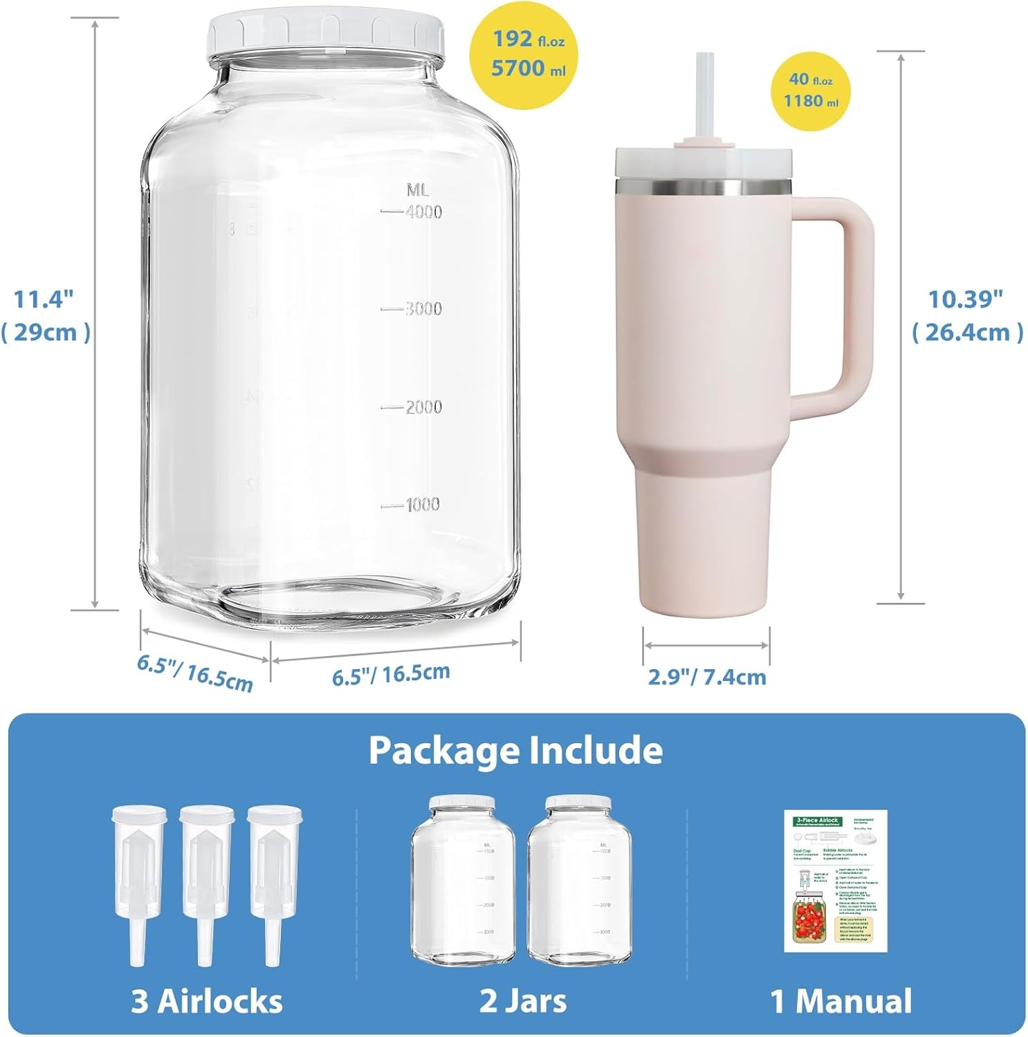2 Pack Large Fermentation Jars, 1.5 Gallon Glass Jars with 100% Airtight Lid & 3
