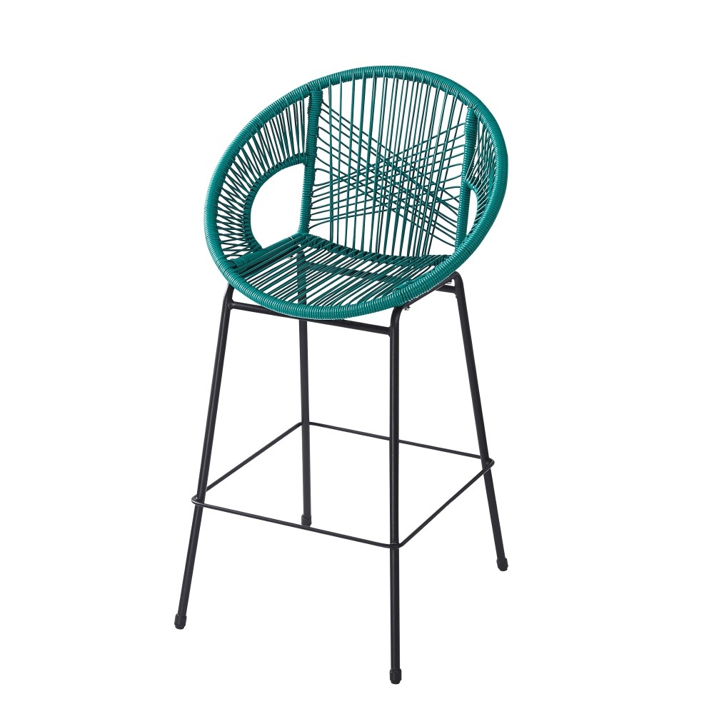 2 Teal & Black Patio Bar Stool Set, Faux Rattan Wicker, UV Resistant