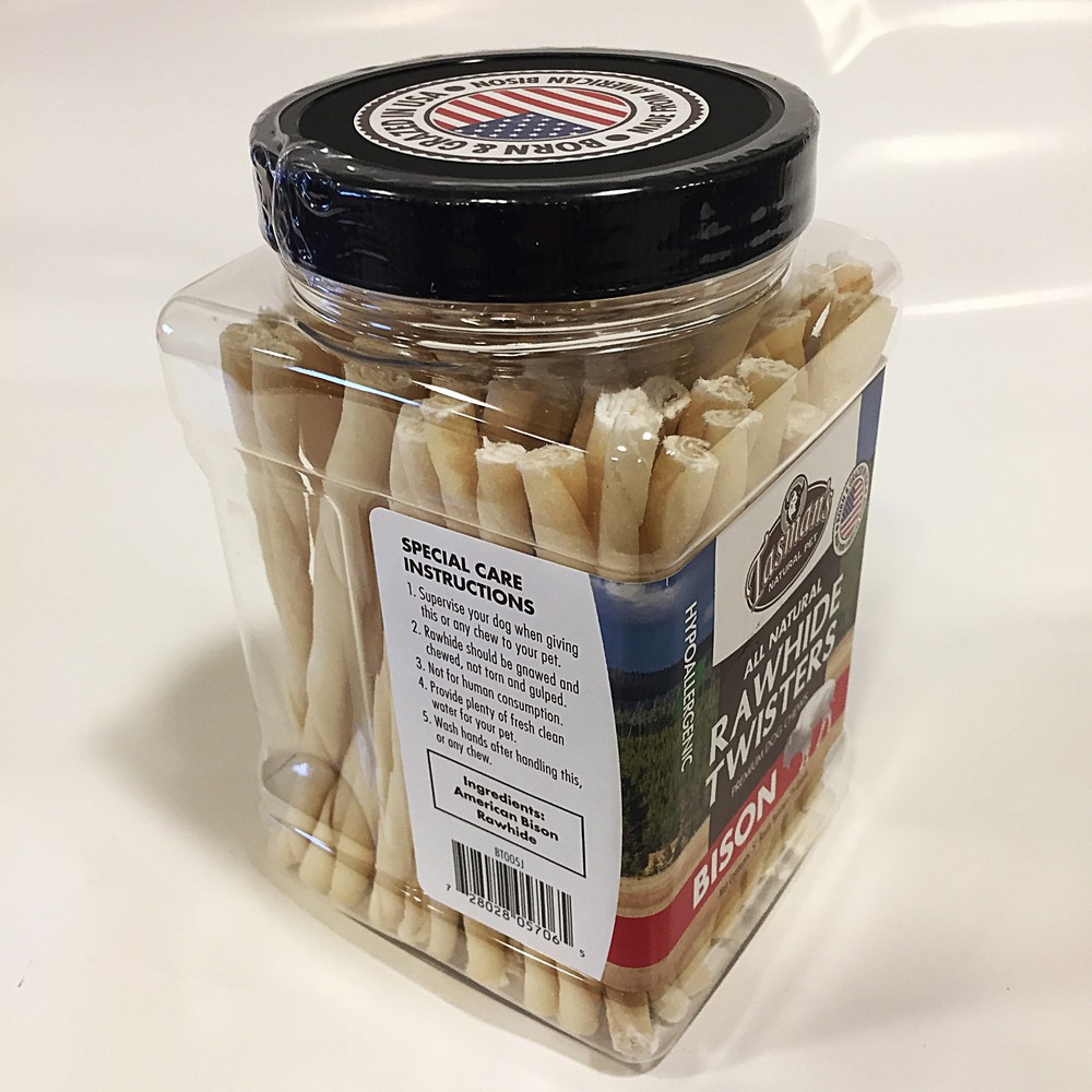Premium American Buffalo Bison Rawhide Chews - 5" Twisters | 75 Count Jar |