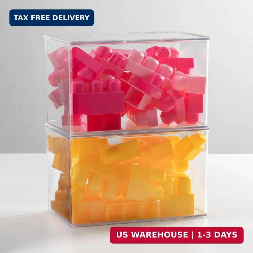 mDesign Set of 2 Storage Boxes with Lids - Stackable Plastic Storage Boxes for N