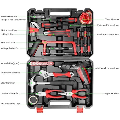 Tool Set 43 Pieces Home Tool Kit Cordless Rechargeable Screwdriver Basic Househo