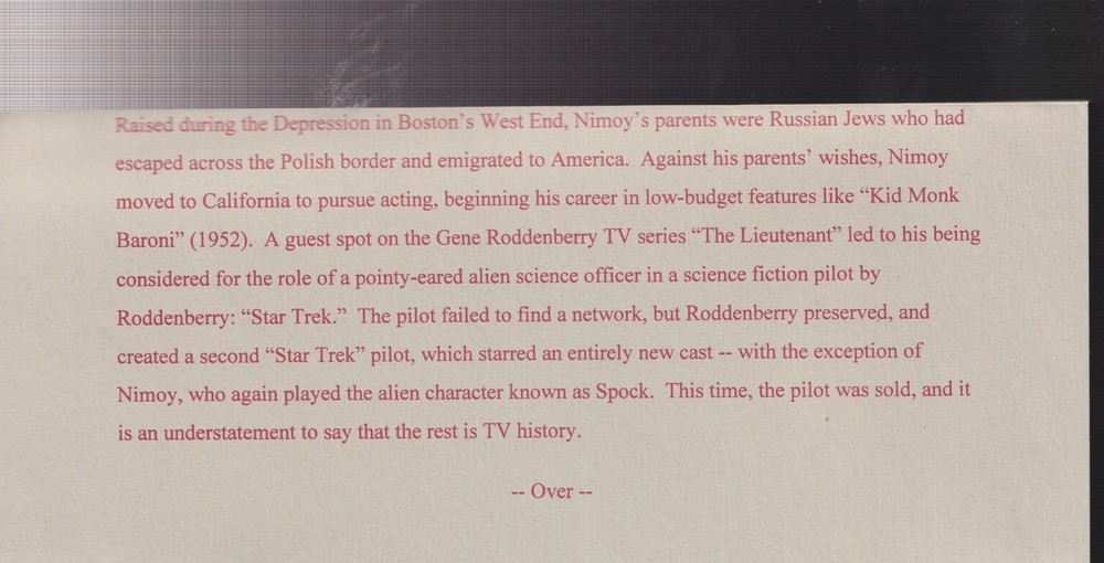 info sheet for I am Spock by Leonard nimot