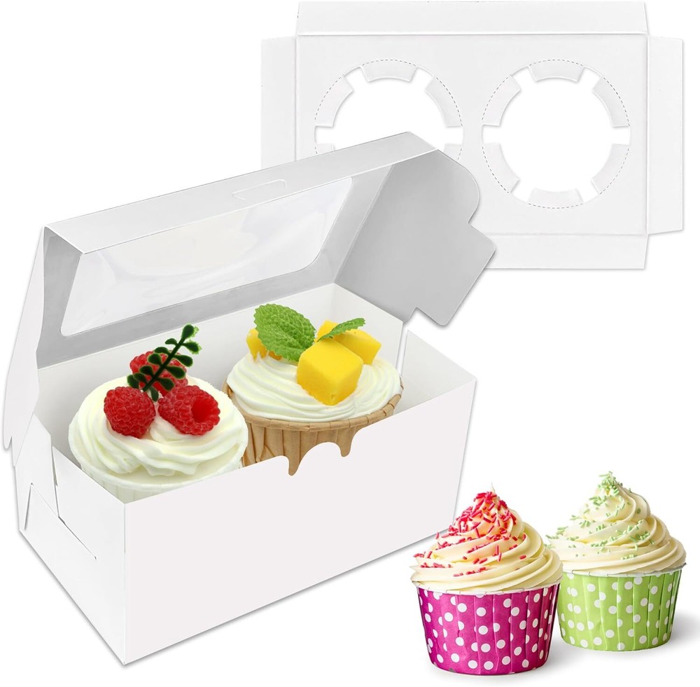 10 PCS White Paper Cupcake Boxes with 2 Cavity Cookie Gift