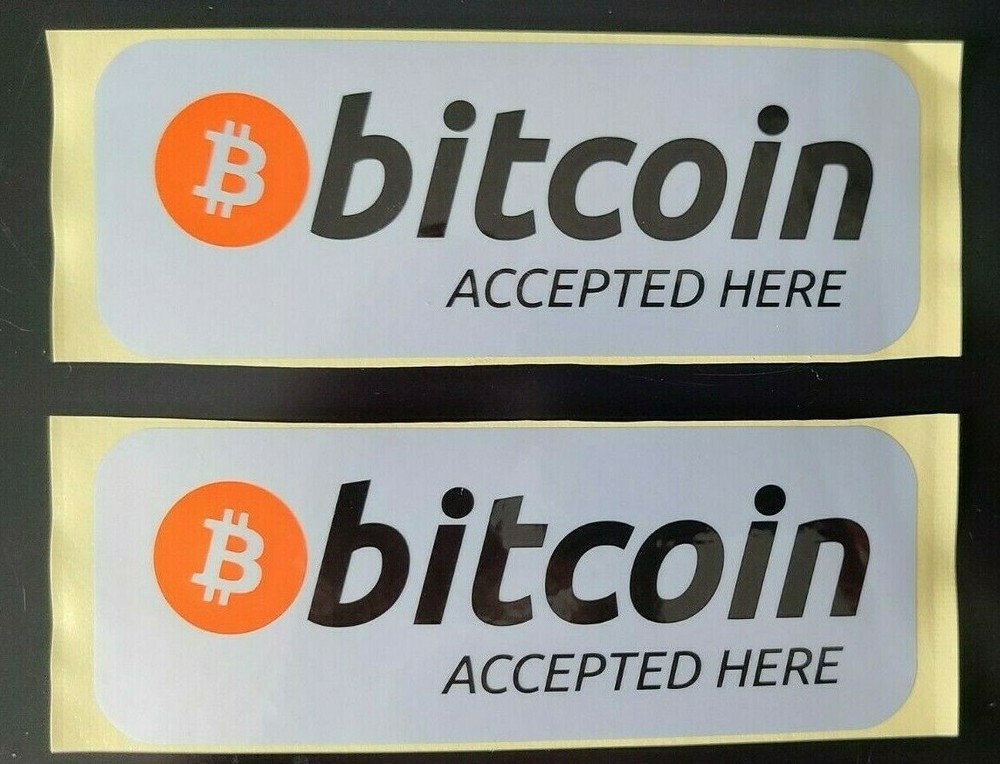 'Bitcoin Accepted Here' 5.7" x 2" weather proof Bitcoin Stickers Package X2