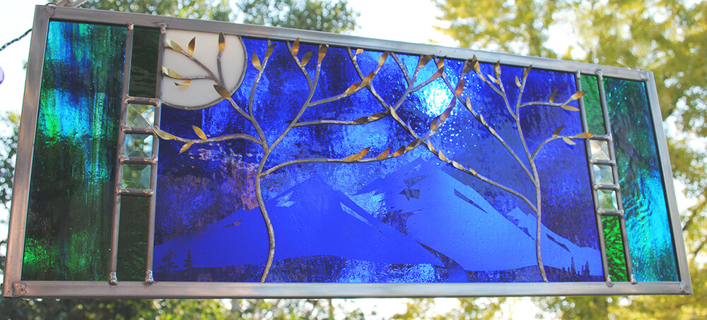 Stained Glass Window Panel two trees beveled blue mountain