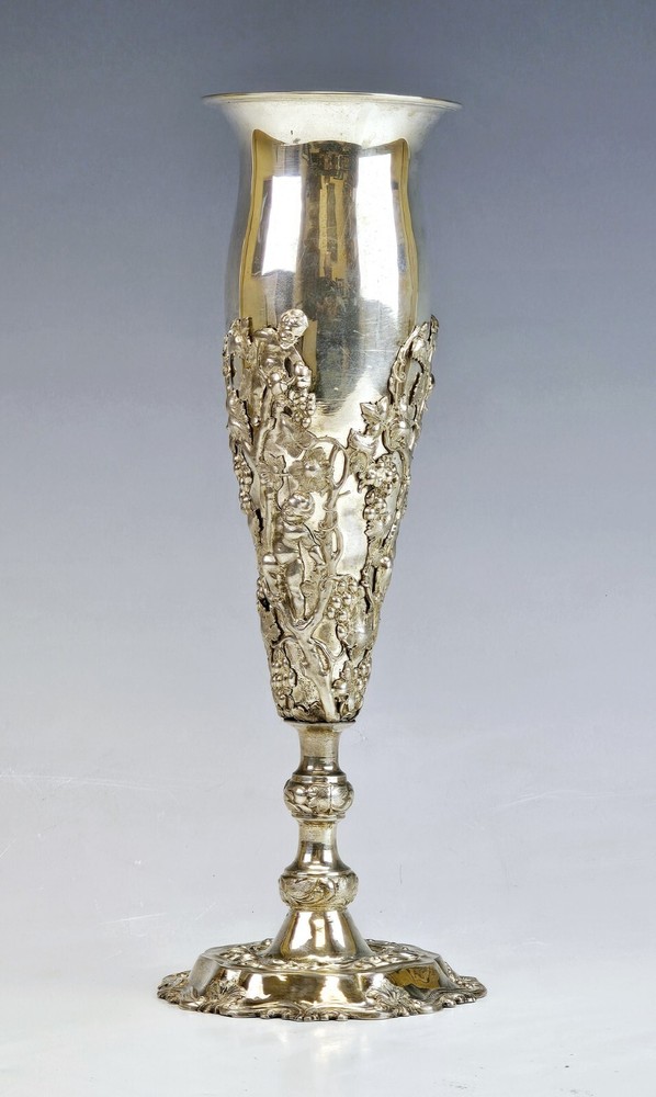 Large Rare 19C Russian Repousse Silver Vase Goblet