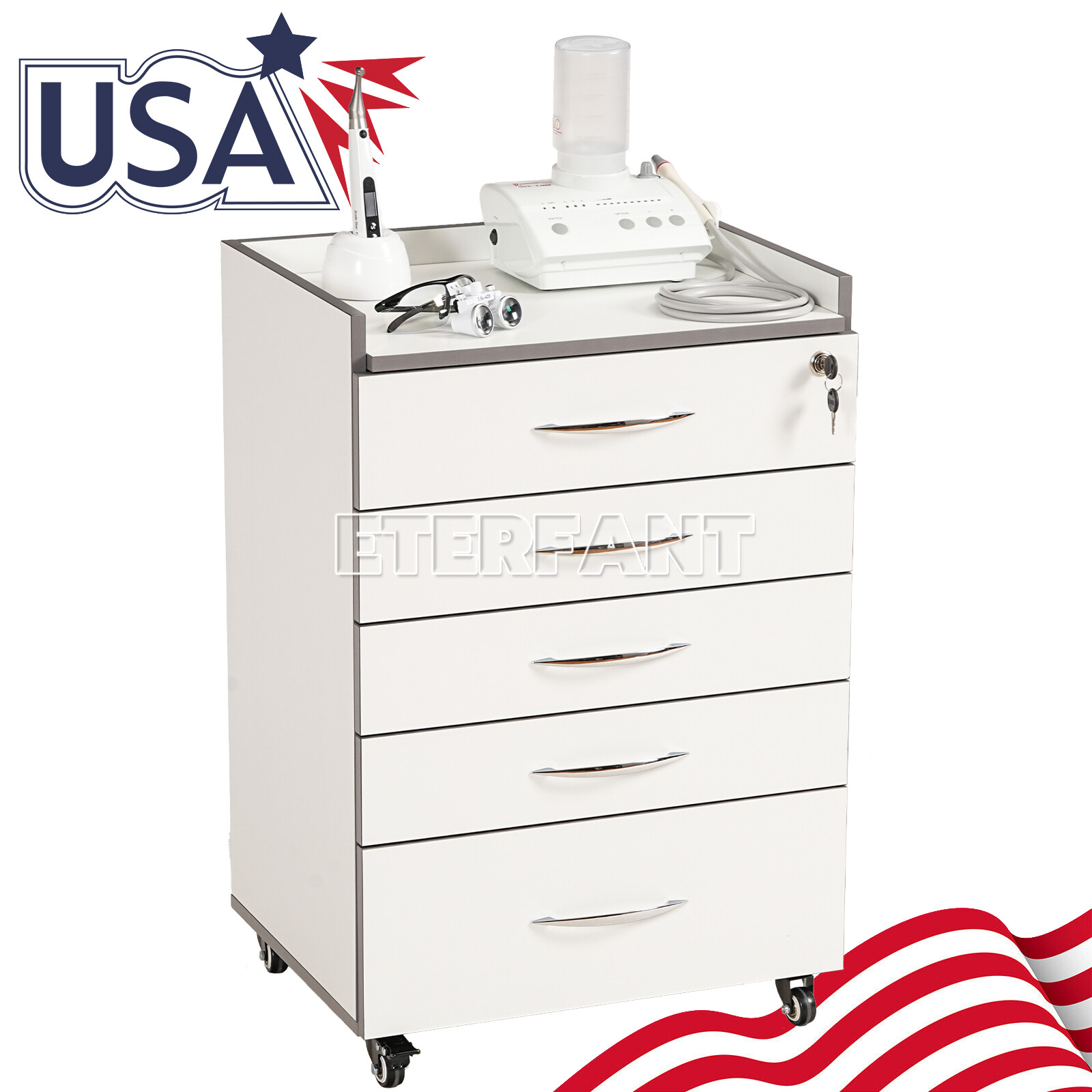 5 Drawers Dental Medical Trolley Cart Acrylic Mobile Wooden Cabinet Rolling Cart