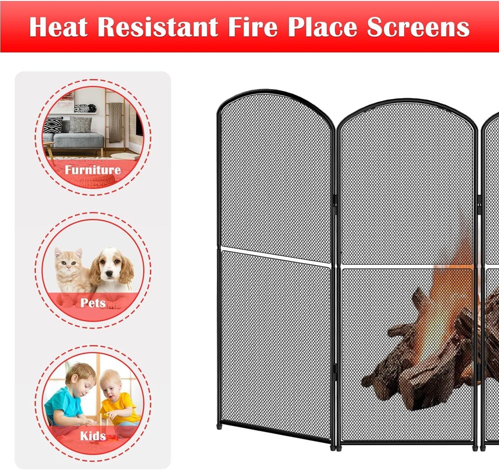 4 Panel Fireplace Screen Stand Fire Spark Guard Cover Fireplace Screen Decor