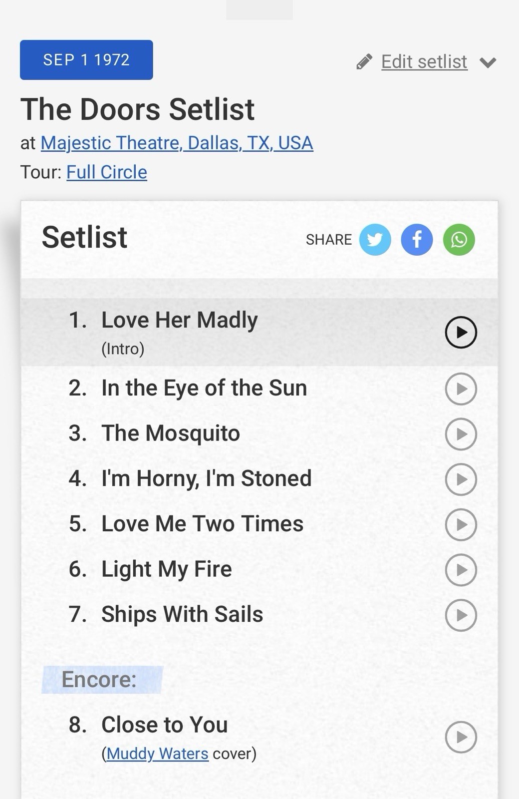 1972 THE DOORS FULL CIRCLE TOUR DALLAS CONCERT TICKET STUB LIGHT MY FIRE 1804