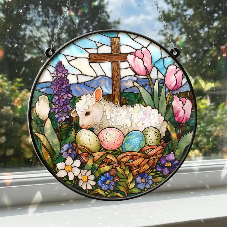 Easter Lamb Stained Glass Suncatcher Window Decor
