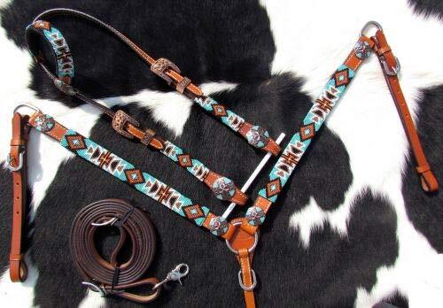 Showman Turquoise & Orange Aztec Design Beaded Headstall & Breast Collar Set