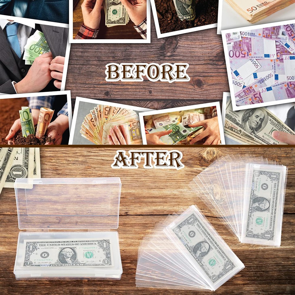 100 Pack Dollar Bill Holder Clear Rigid Sideload Currency Sleeves + Storage Case