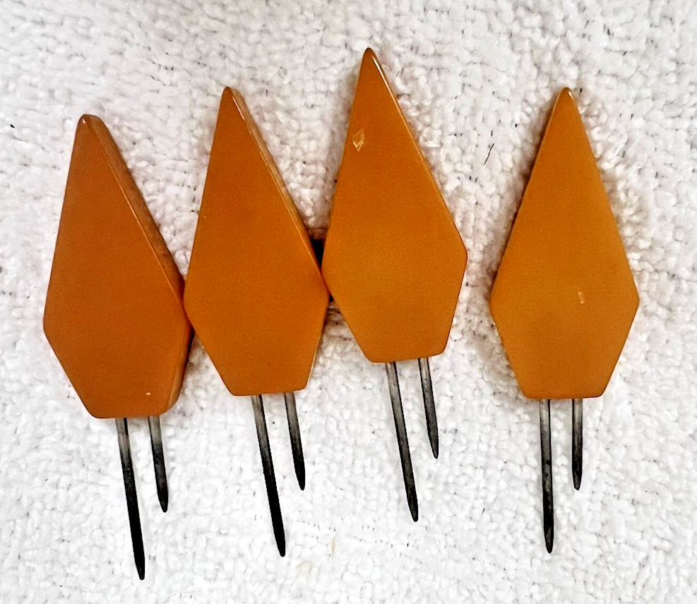 4 Vintage Yellow Butterscotch Bakelite Handle Kob Knobs Corn Cob Picks 3 1/8"