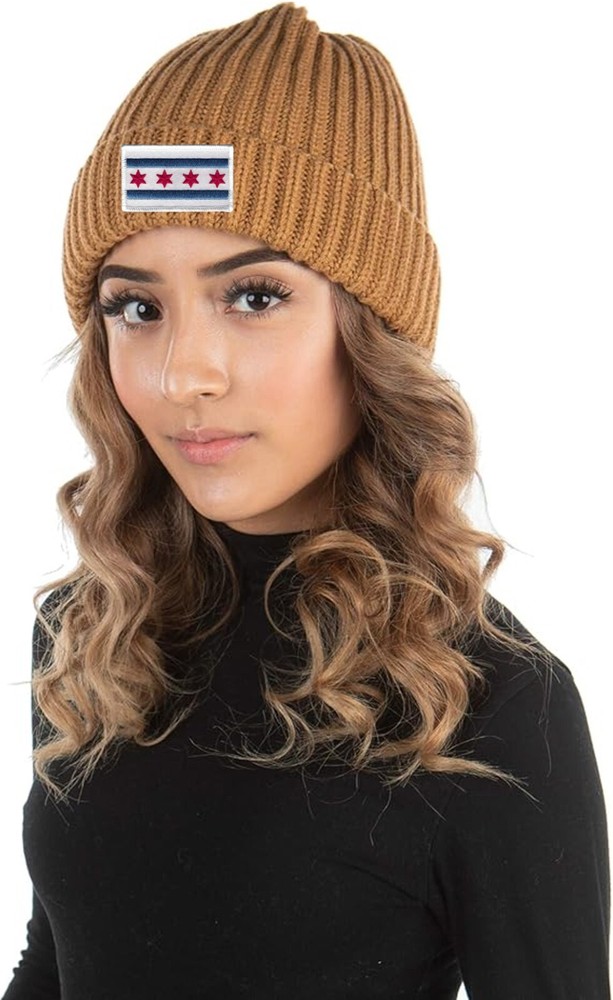 Chicago Flag Patch Cuffed Ribbed Beanie Hat White Border Timber