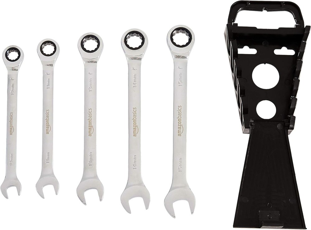 Amazon Basics Ratcheting Wrench Set Metric 5 Piece Black Silver