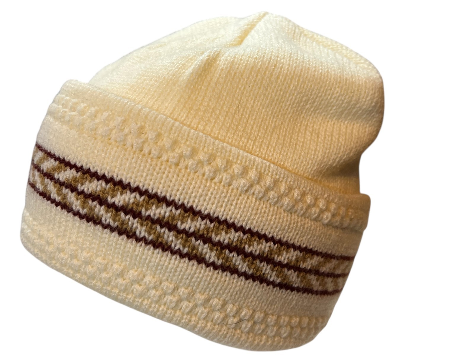 Vintage 70s Hat Stocking Cap English Village Acrylic Knit Cream Brown Design