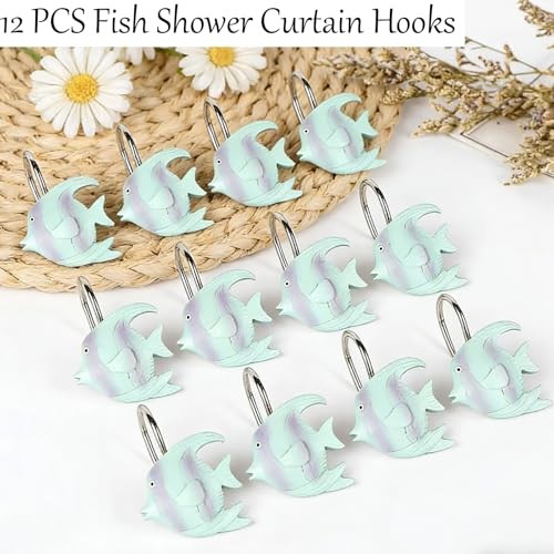 Fish Shower Curtain Hooks -12 PCS Resin Rust Proof Nautical Beach Theme Shower