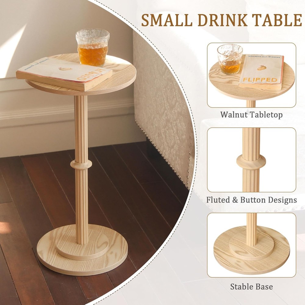 Drink Table Small Spaces Modern Round End Table W/ Fluted Wood Small Side Table