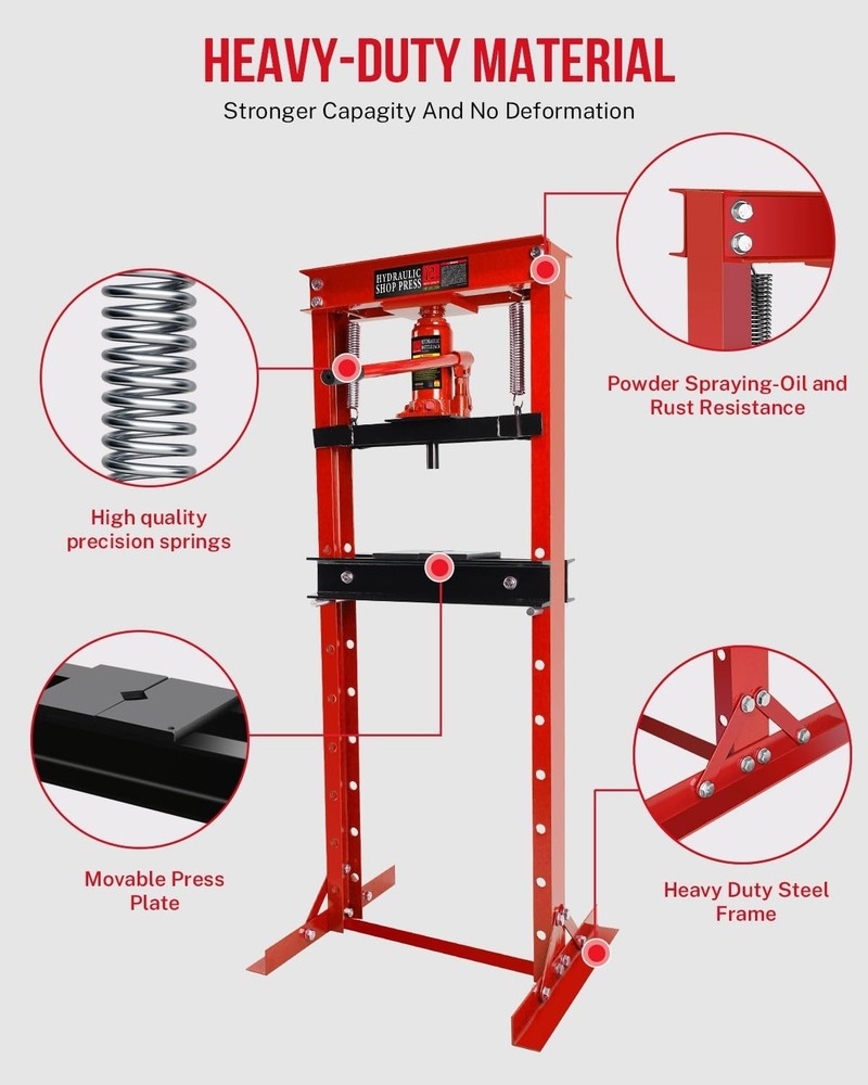 12 Ton Adjustable Hydraulic Press - Dual Spring & Stamping Plates for Stability