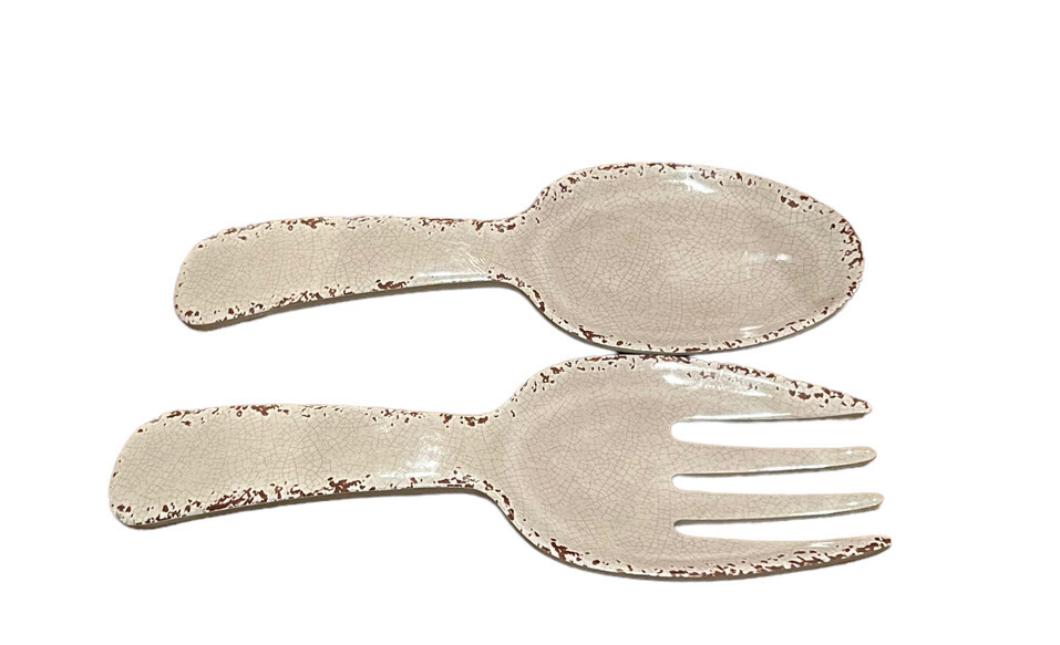 Tommy Bahama Cream Gray Rustic Crackled Salad Server Set Serving Spoon Fork