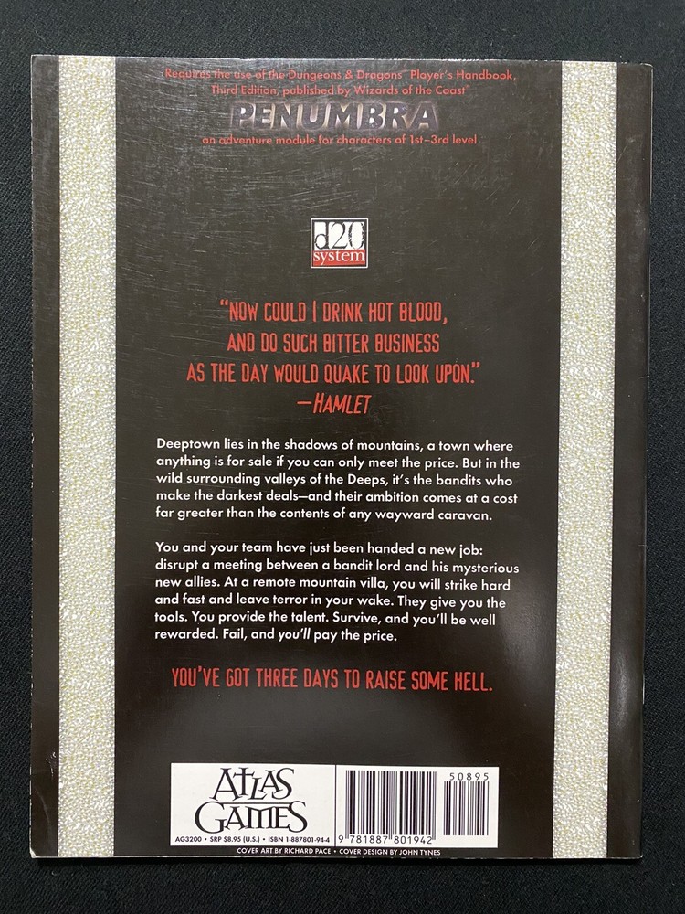 Penumbra Three Days to Kill d20 System Adventure Module Unused