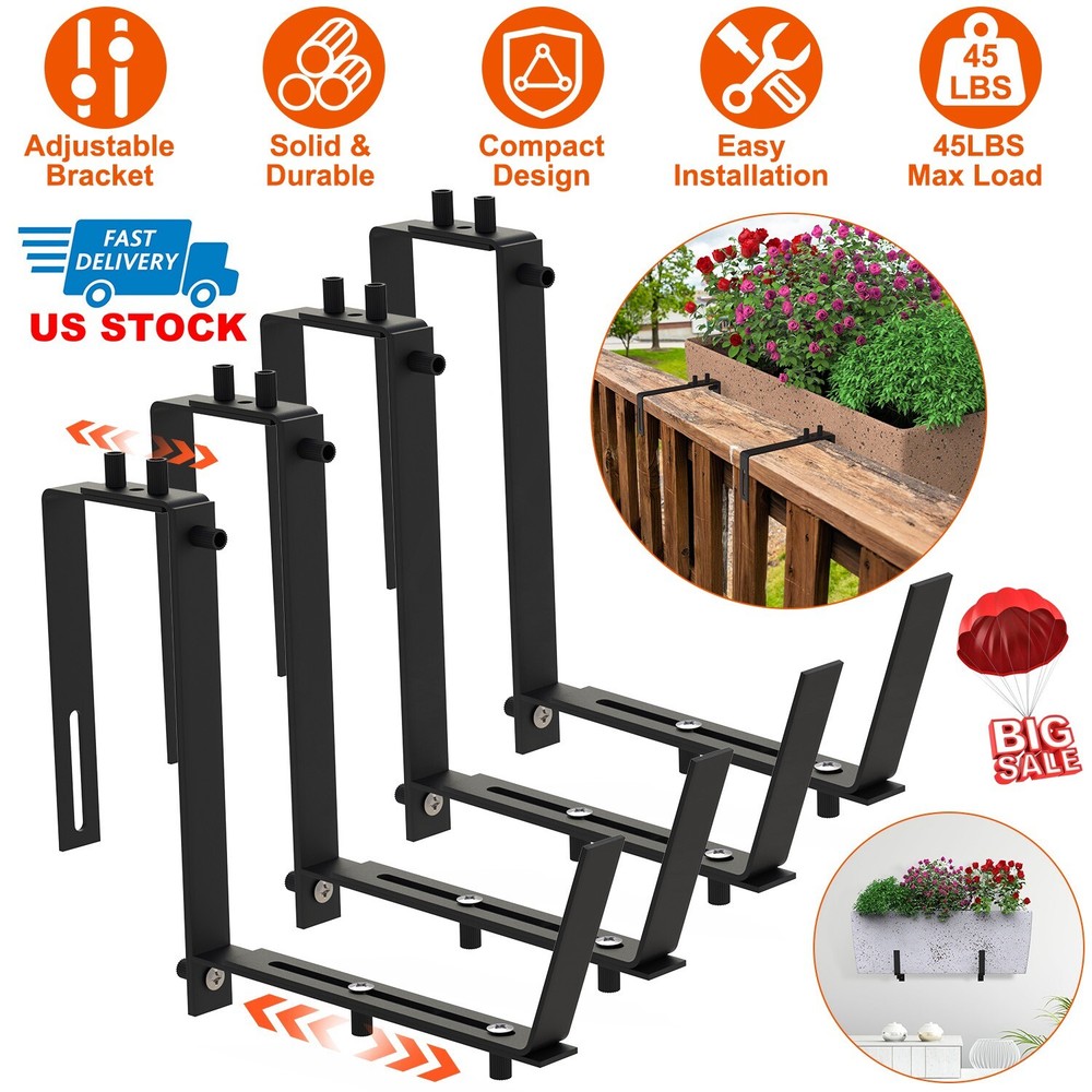 New 4Pcs Adjustable Planter Box Brackets for No-Drill Window & Railing Mounts