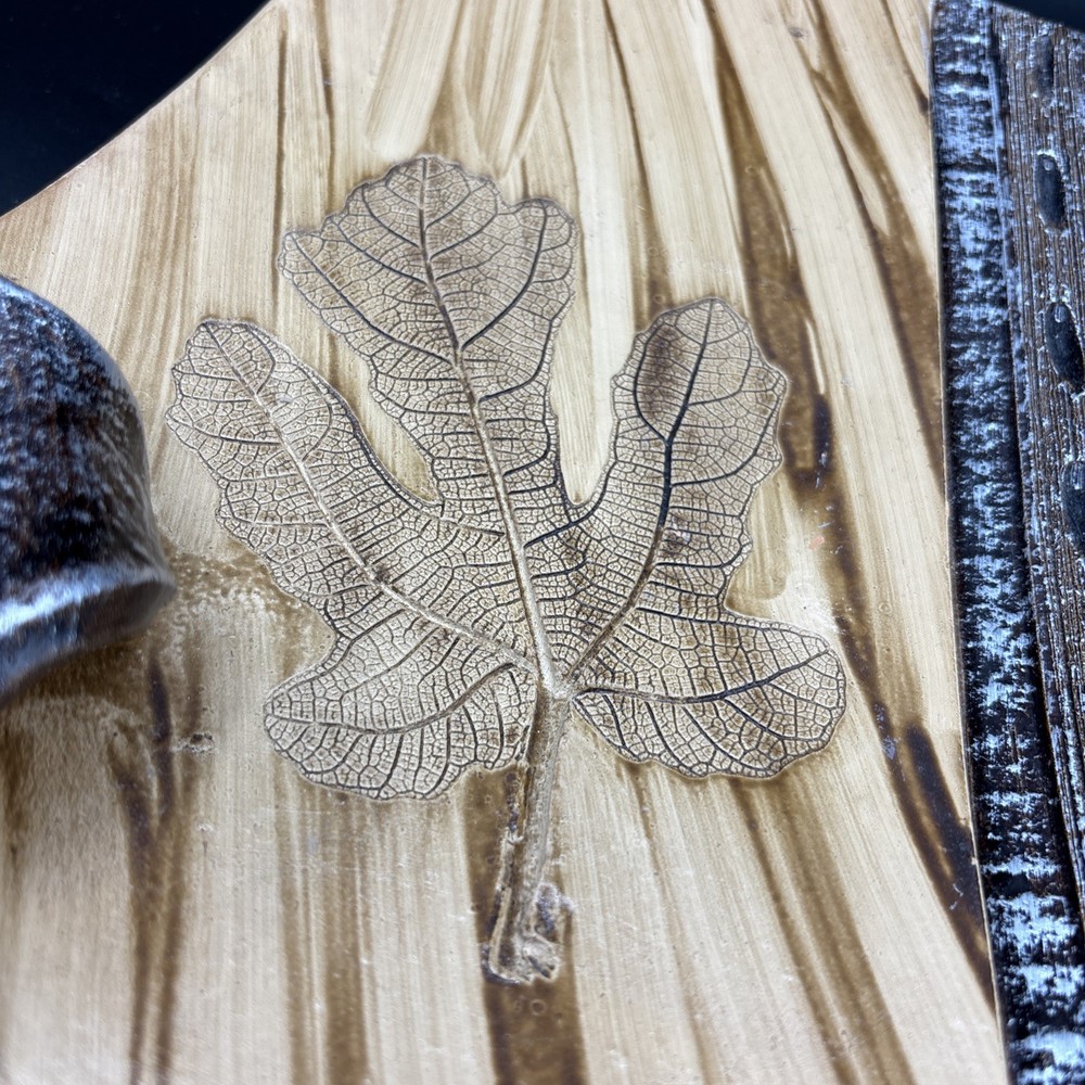 Studio Art Pottery Decor Dish Carved Leaf Pattern Metallic Curled Unsigned