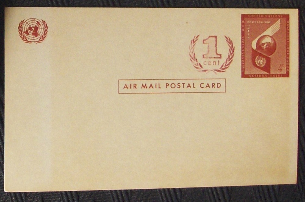 UNITED NATIONS 4¢+ 1¢ overprint Air Mail postcard.