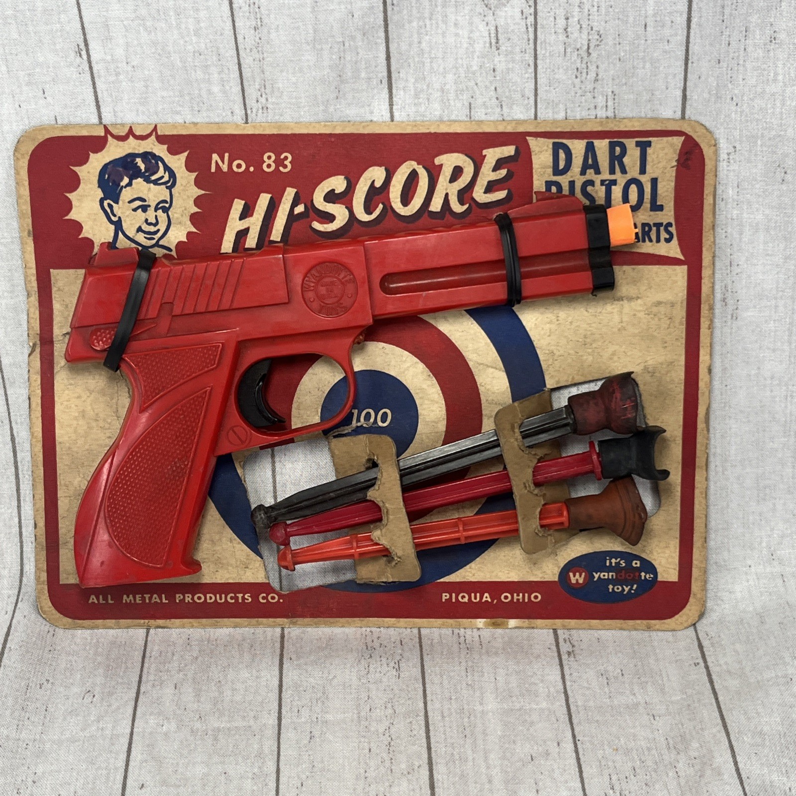 Vtg Wyandotte Toys USA Hard Plastic Red Toy Dart Gun, Darts And Packaging READ