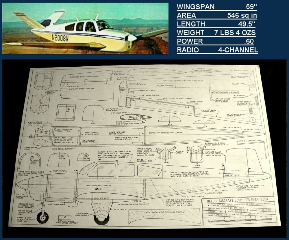 RC plans & Full Size Patterns BEECH AIRCRAFT CORP. BONANZA V35A span 59"