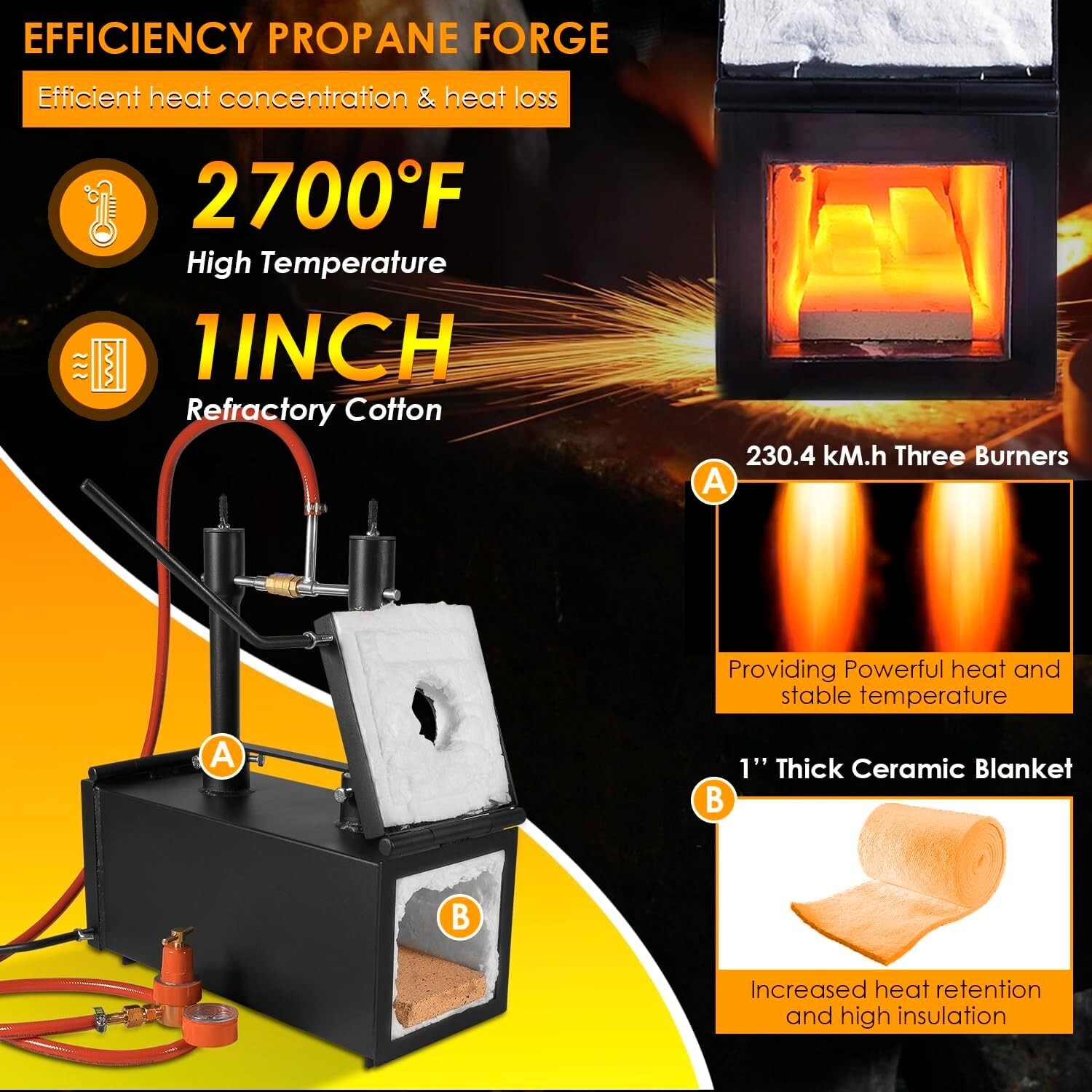 Gas Propane Forge Furnace with Dual Burners 2-Door Blacksmith Knife Tool Farrier