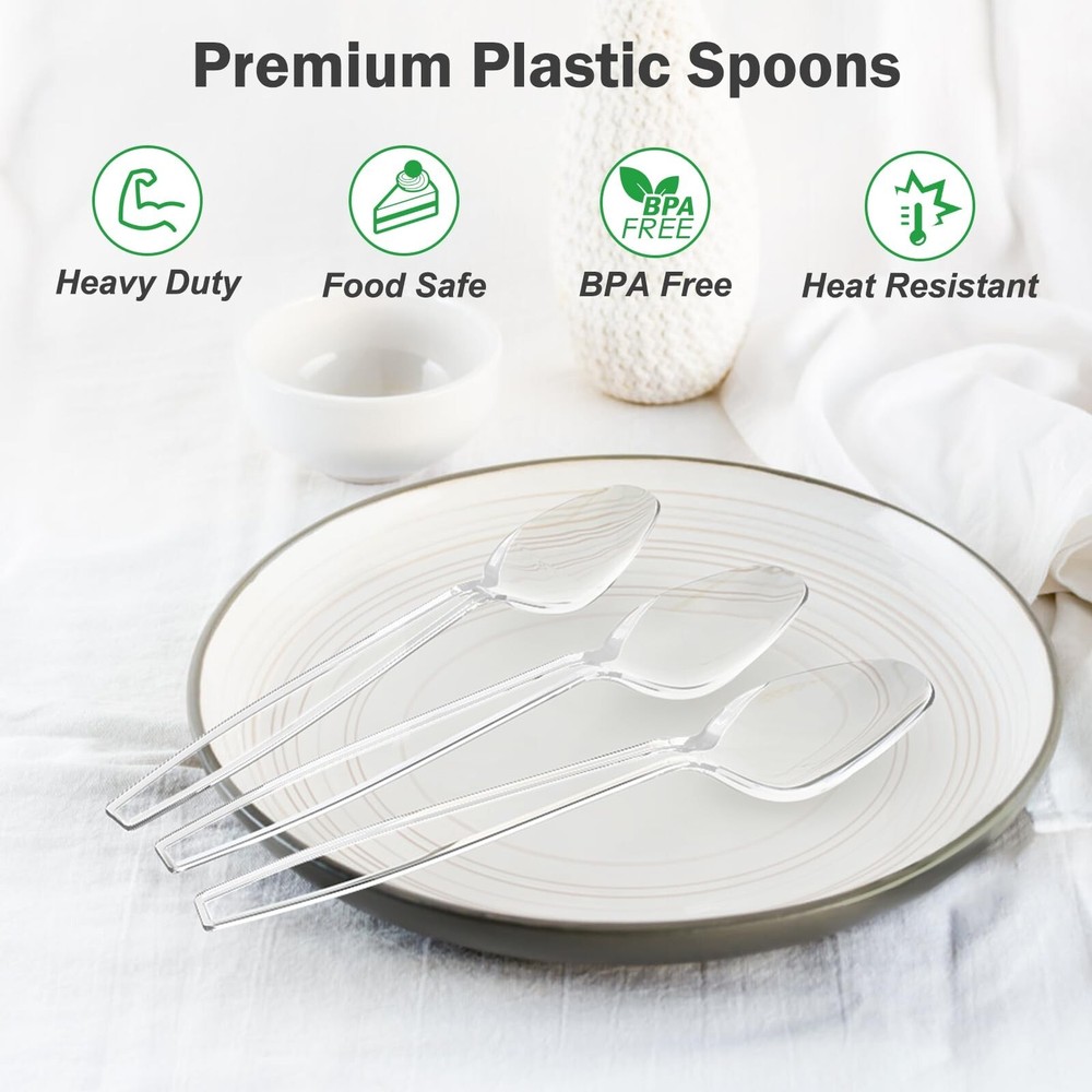 100 Count Clear Plastic Spoons Disposable, BPA-Free, Heat Resistant, Solid an...