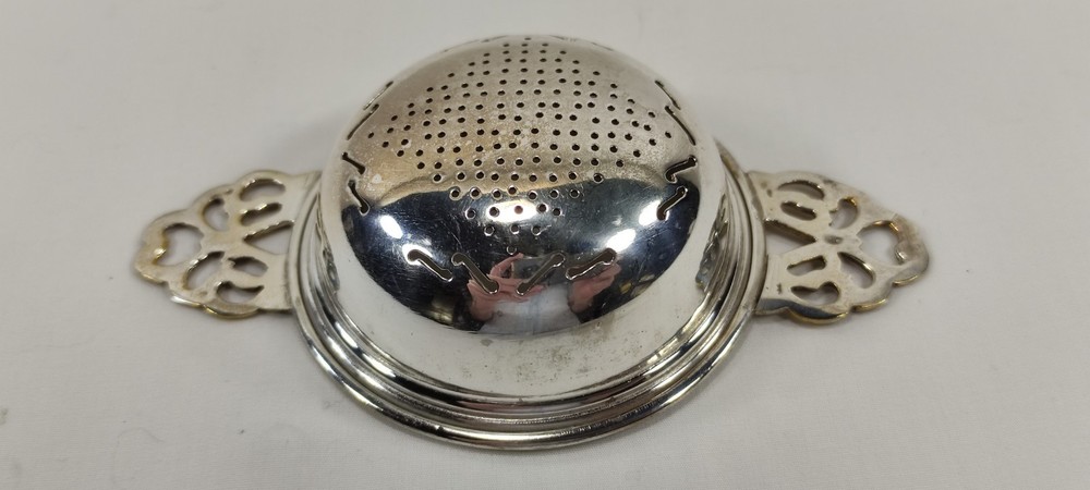 Vintage Silverplated Pierced Two-Handled Over Tea Service Cup Strainer Openwork